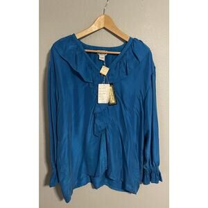 Vintage Womens Top Large Blue Silk Satin Ruffle Victorian Peasant Deadstock 70s